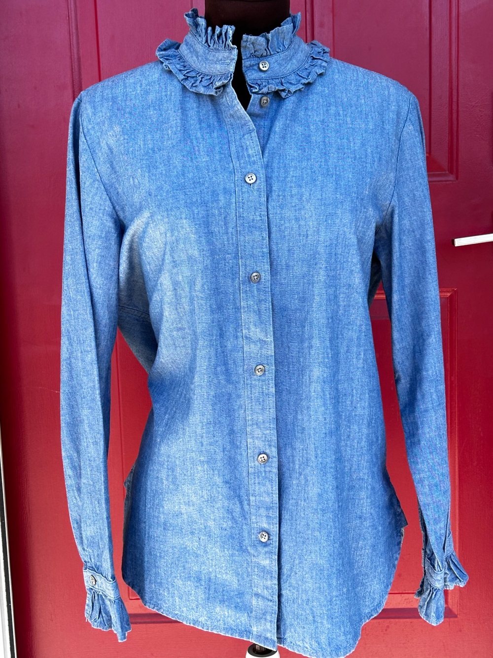 J. Crew Light Blue Ruffle Collar Chambray Button-Down Shirt